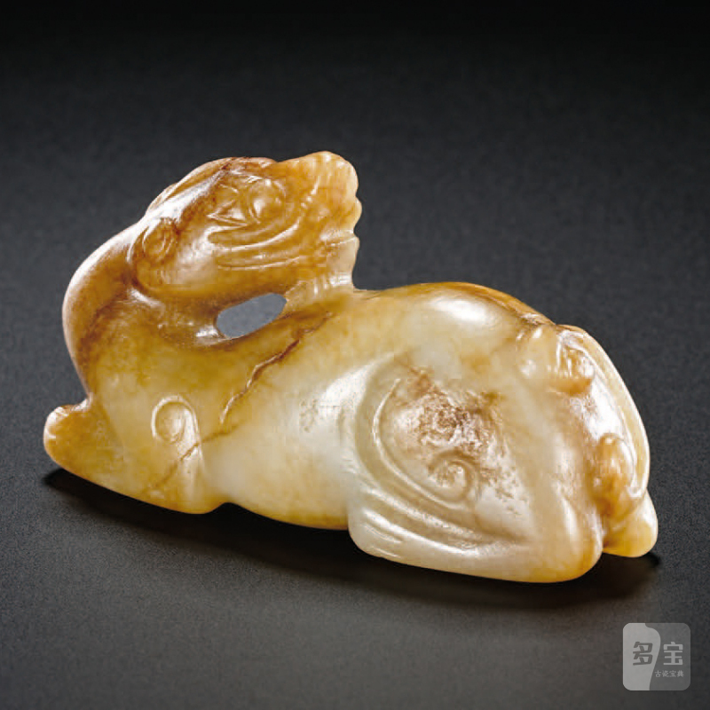 明 白玉褐沁卧兽